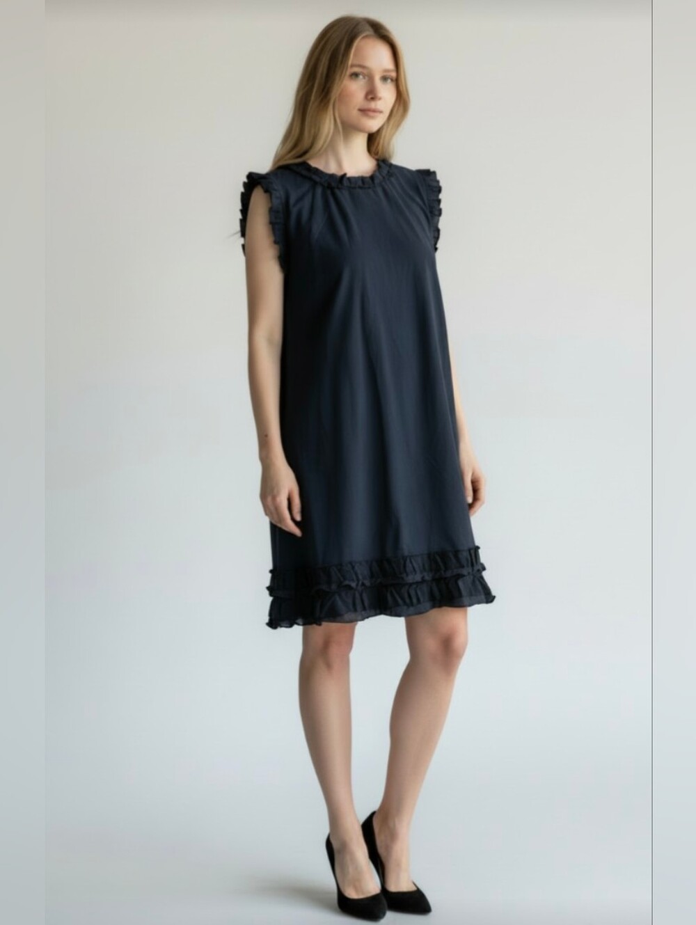 ANN TAYLOR LOFT! SILK BLEND! NAVY BLUE COTTON BLEND, RUFFLE DETAILDRESS! SZ 6